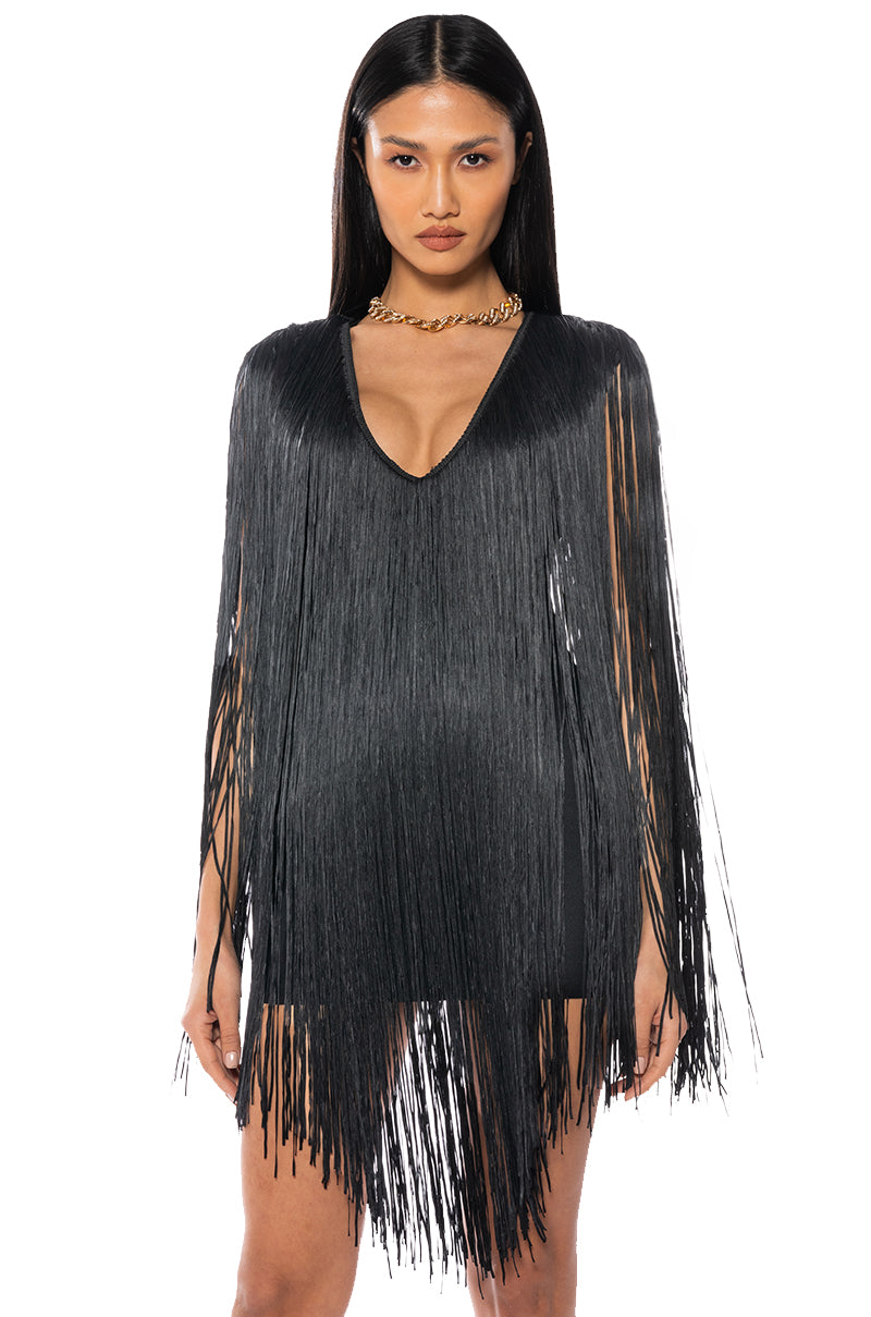 Side View Stevie Deep V Bandage With Fringe Mini Dress