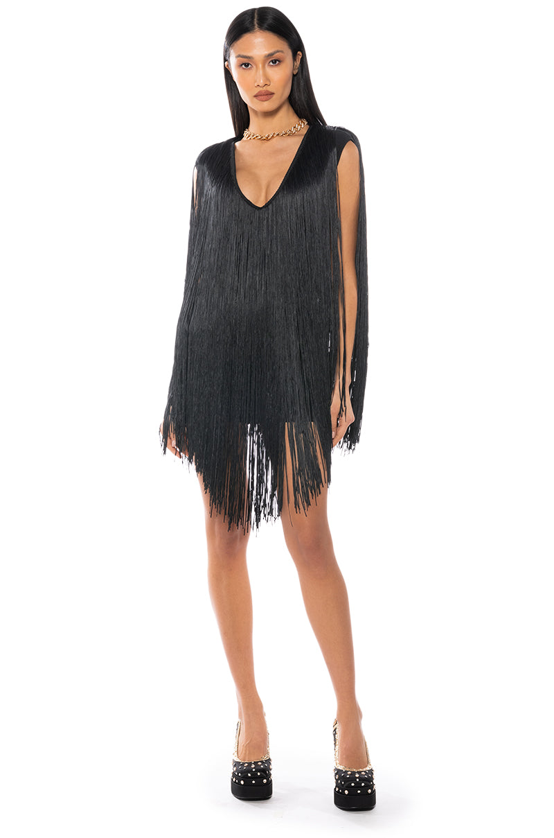 Back View Stevie Deep V Bandage With Fringe Mini Dress