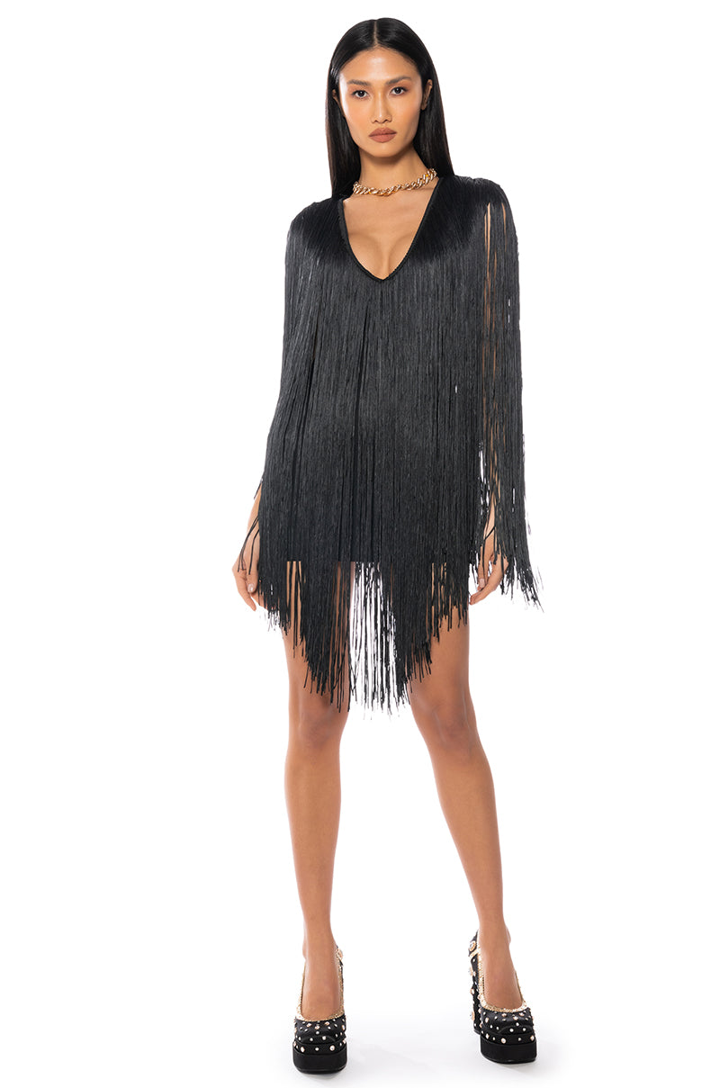 Detail View Stevie Deep V Bandage With Fringe Mini Dress