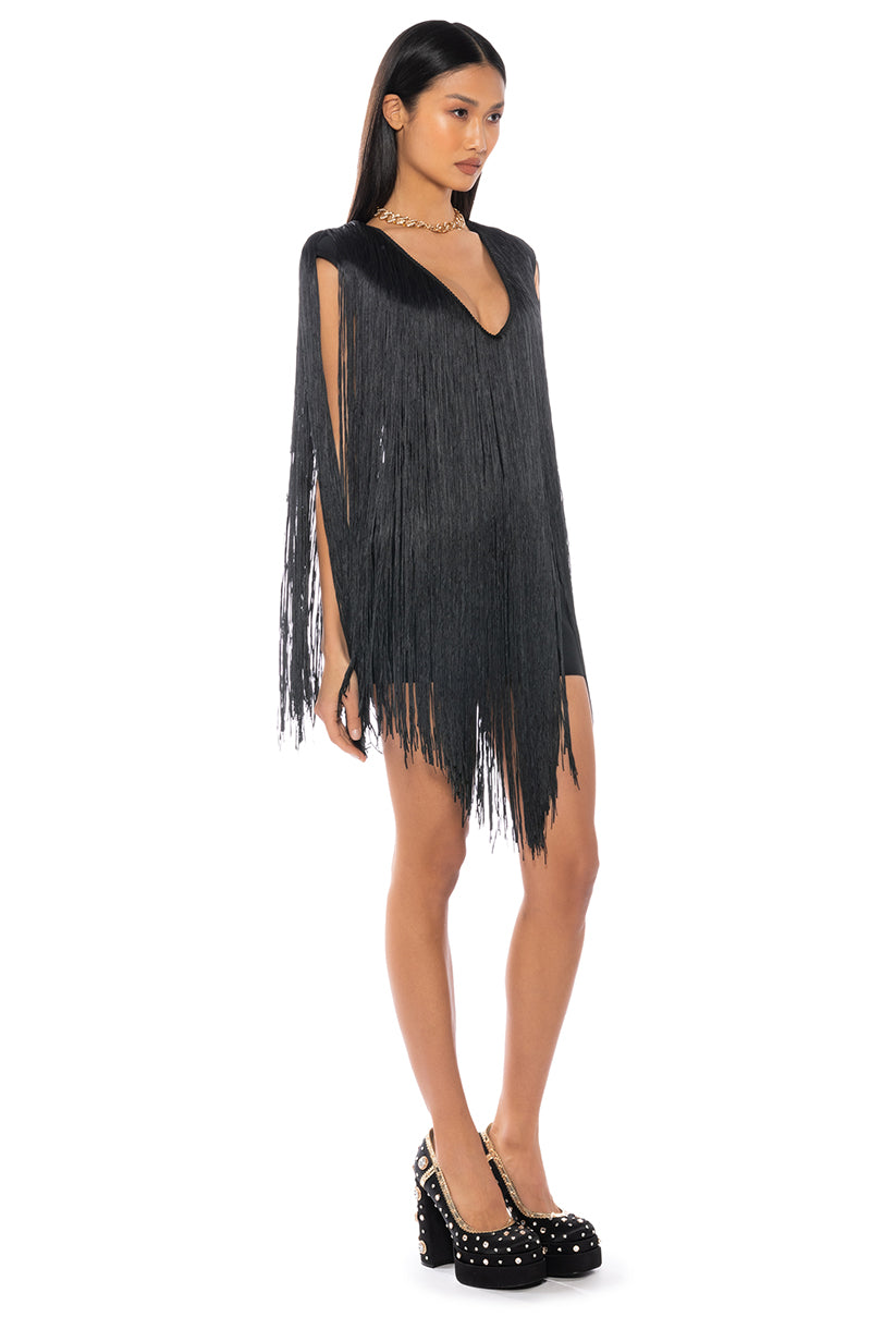 Full View Stevie Deep V Bandage With Fringe Mini Dress