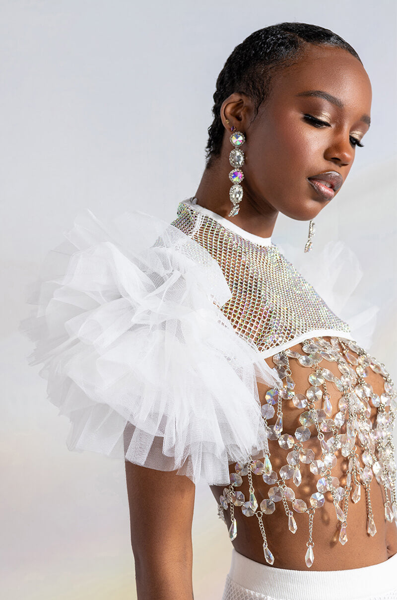 Side View Stevie Rhinestone Mesh Tulle Sleeve Blouse