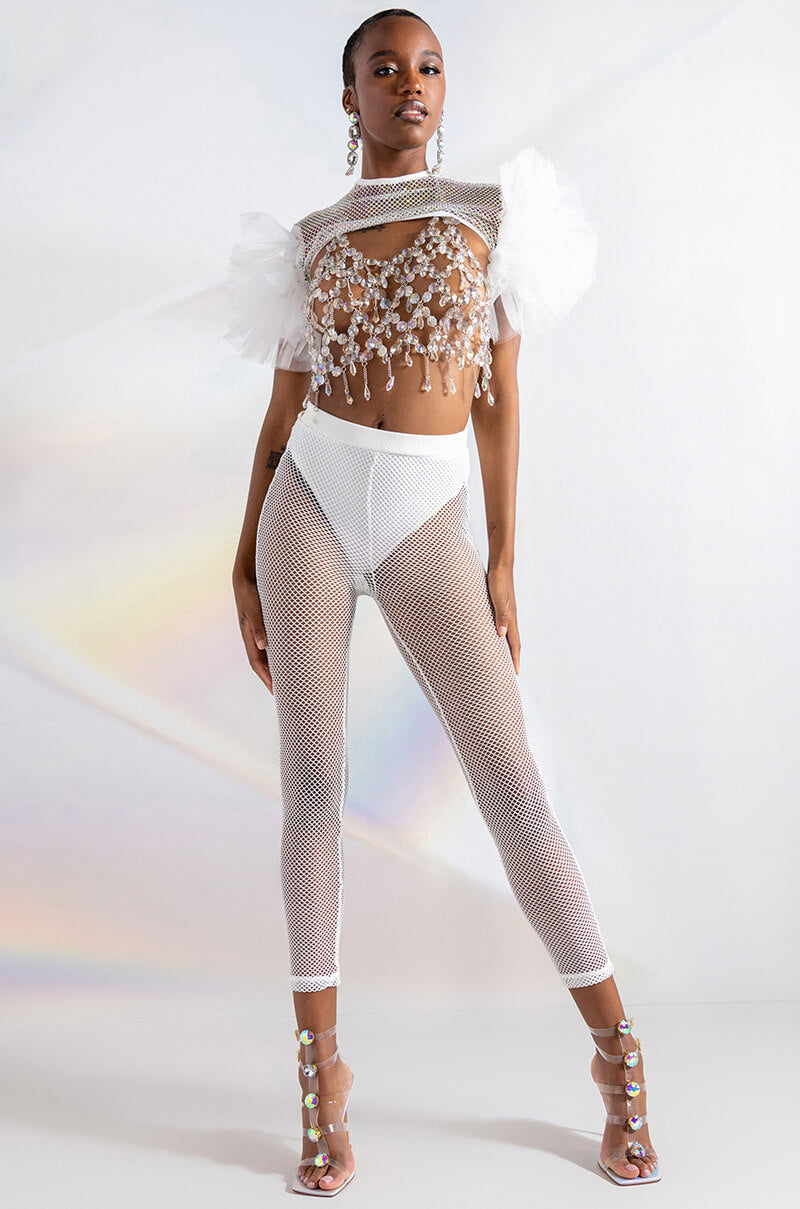 Detail View Stevie Rhinestone Mesh Tulle Sleeve Blouse