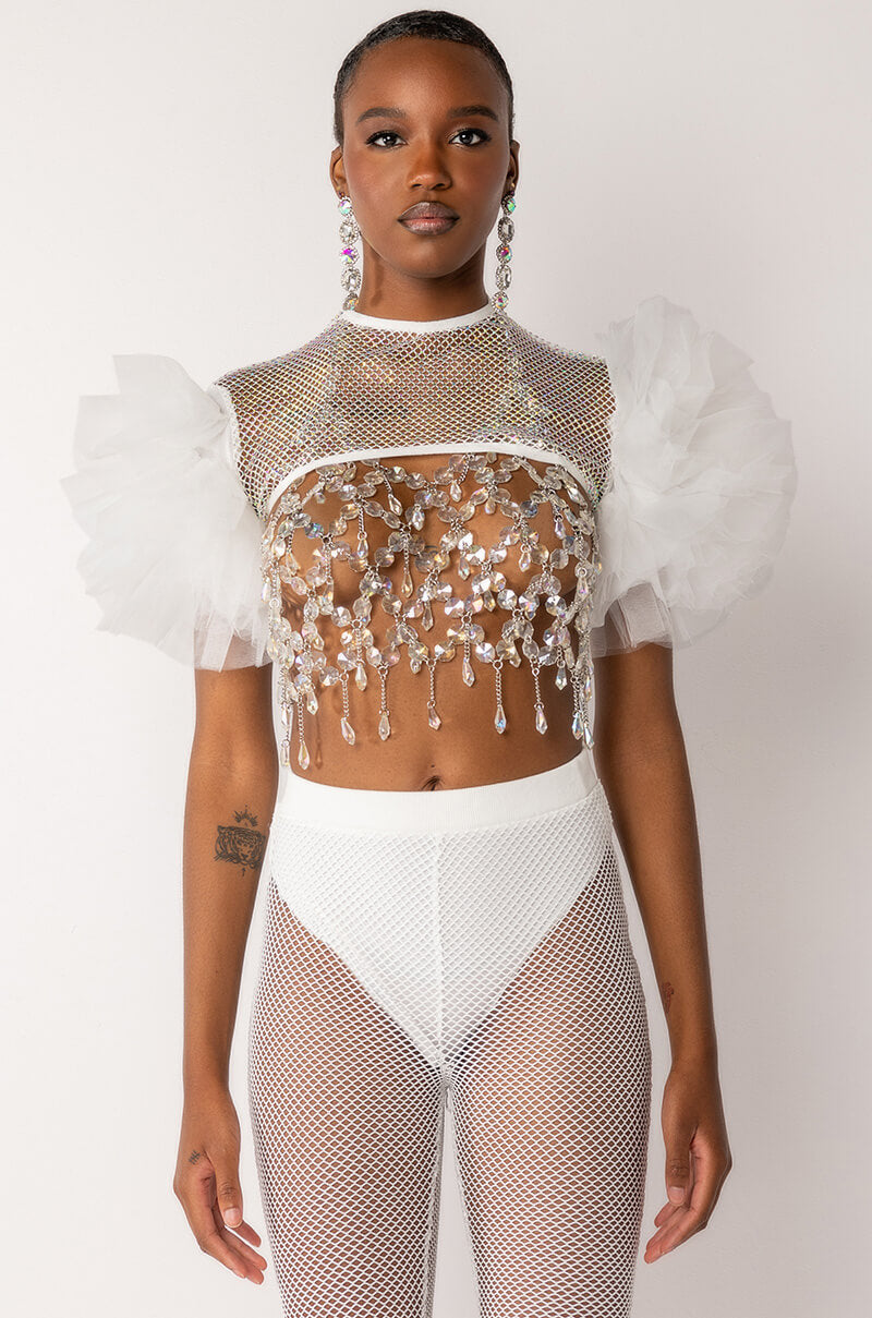 Full View Stevie Rhinestone Mesh Tulle Sleeve Blouse