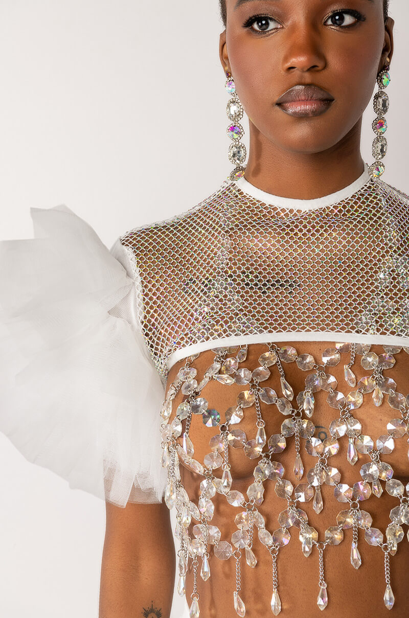 Extra View Stevie Rhinestone Mesh Tulle Sleeve Blouse
