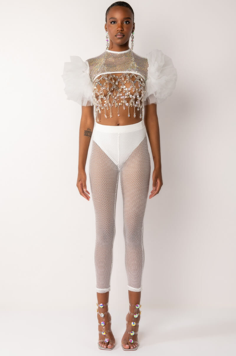 Extra View Stevie Rhinestone Mesh Tulle Sleeve Blouse
