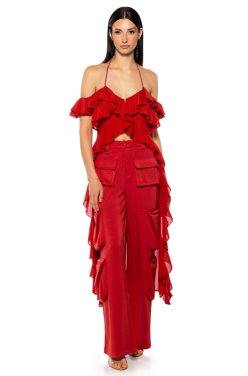 Front View Stevie Ruffled Hi Low Blouse