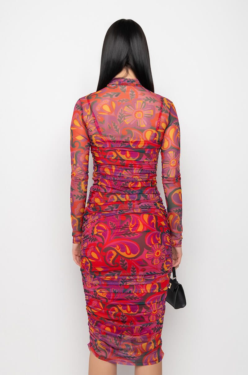 Full View Still Your Favorite Ruched Mesh Midi Dress