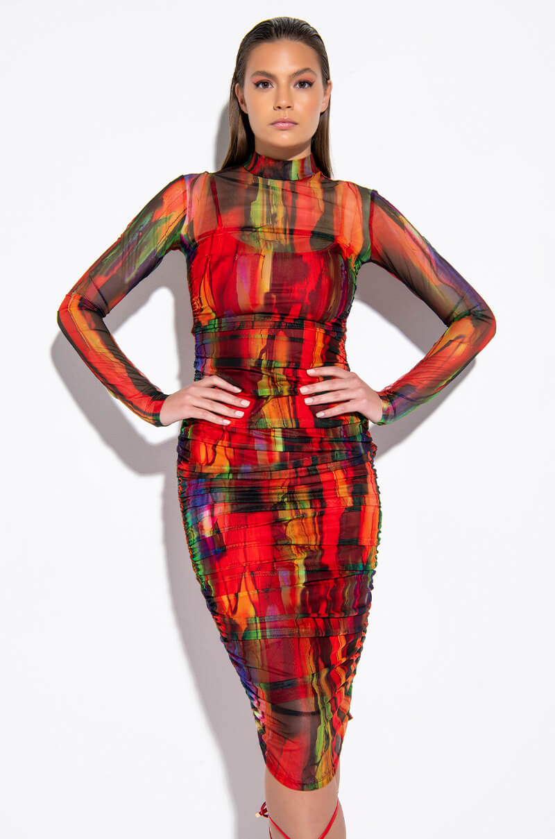 Front View Still Your Favorite Ruched Mesh Midi Dress
