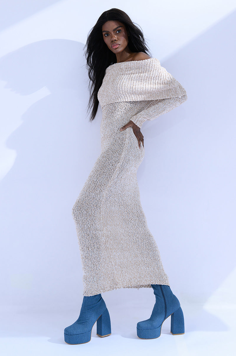 Back View Storm Off The Shoulder Maxi Sweater Dress