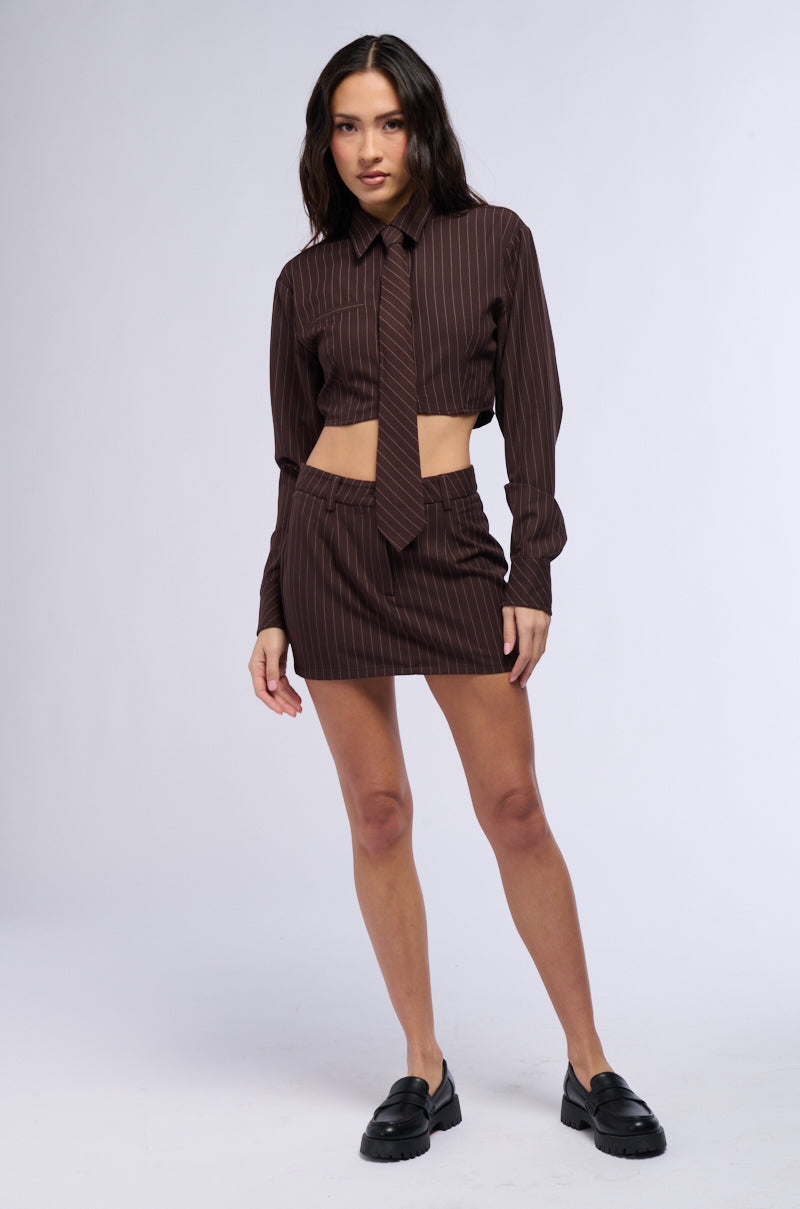 Extra View Straight To Business Pinstripe Mini Skirt In Brown