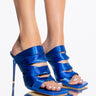 Front View Strap In Stiletto Mule Sandal In Blue