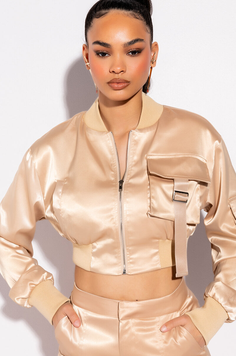 Front View Street Chic Satin Cargo Detail Bomber