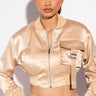 Front View Street Chic Satin Cargo Detail Bomber