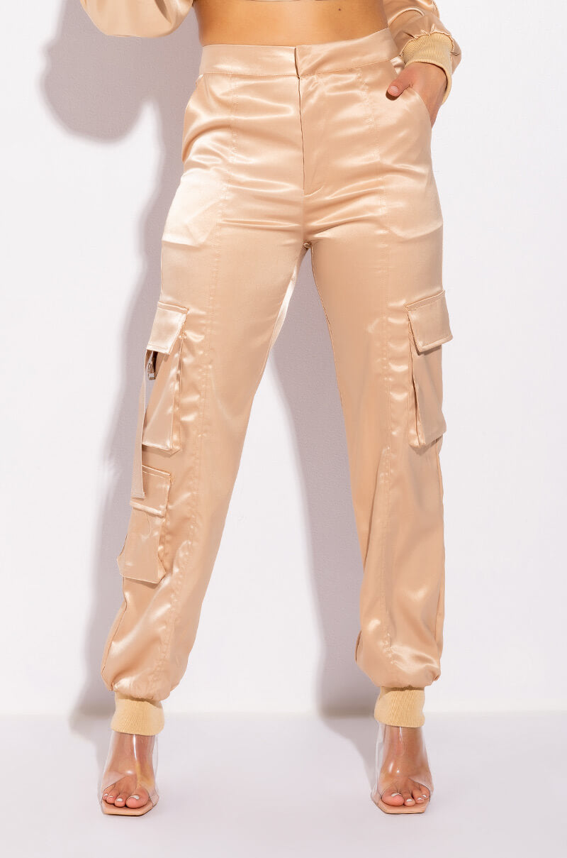 Front View Street Chic Satin Cargo Jogger