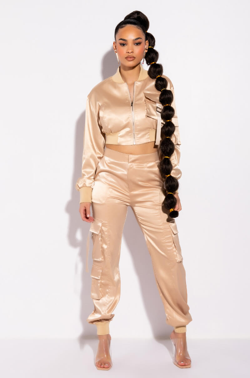 Side View Street Chic Satin Cargo Jogger