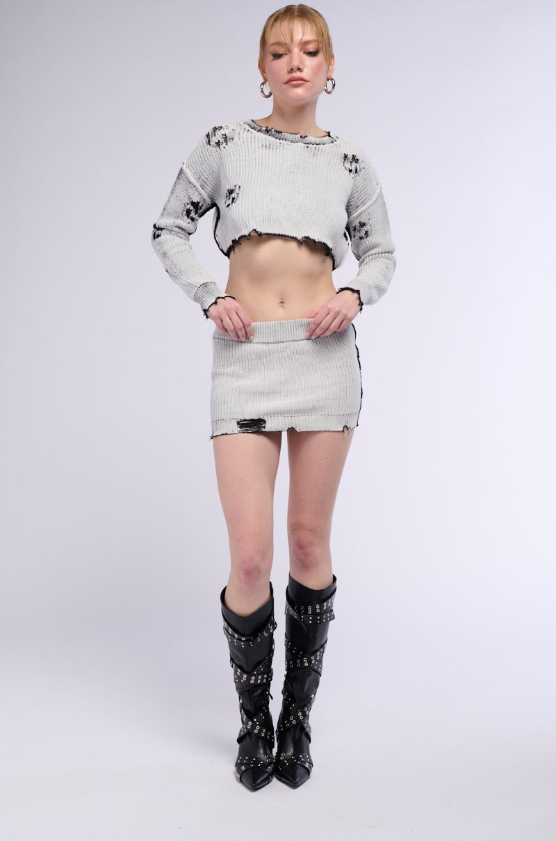 Detail View Street Style Distressed Knit Mini Skirt