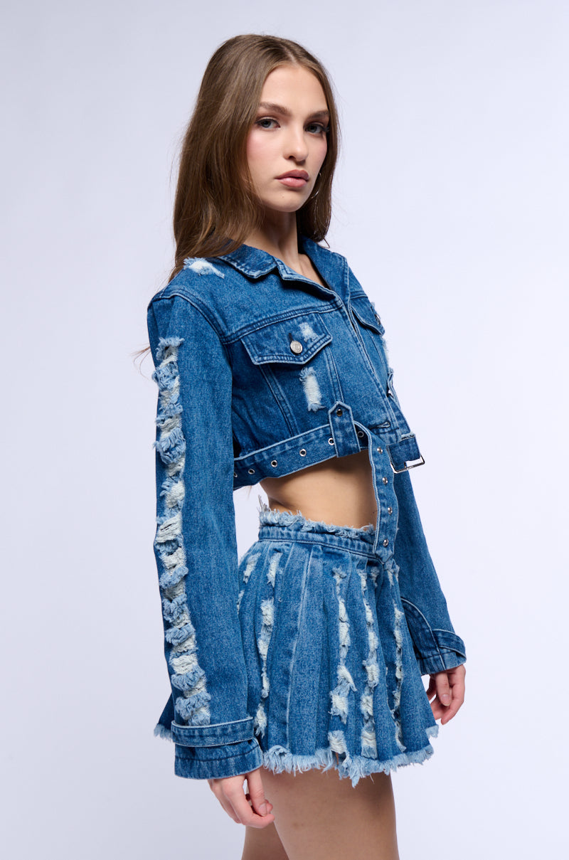 Back View Stressed Out Cut Out Crop Denim Jacket