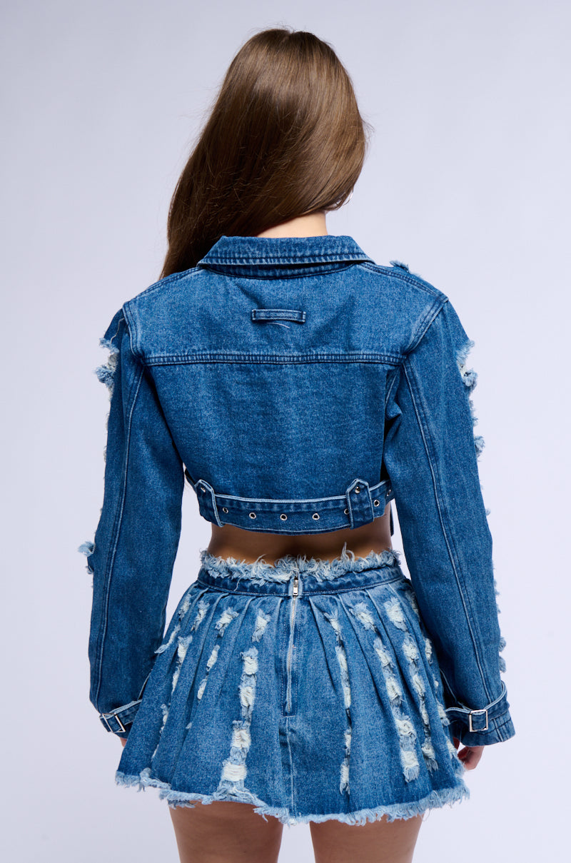 Detail View Stressed Out Cut Out Crop Denim Jacket