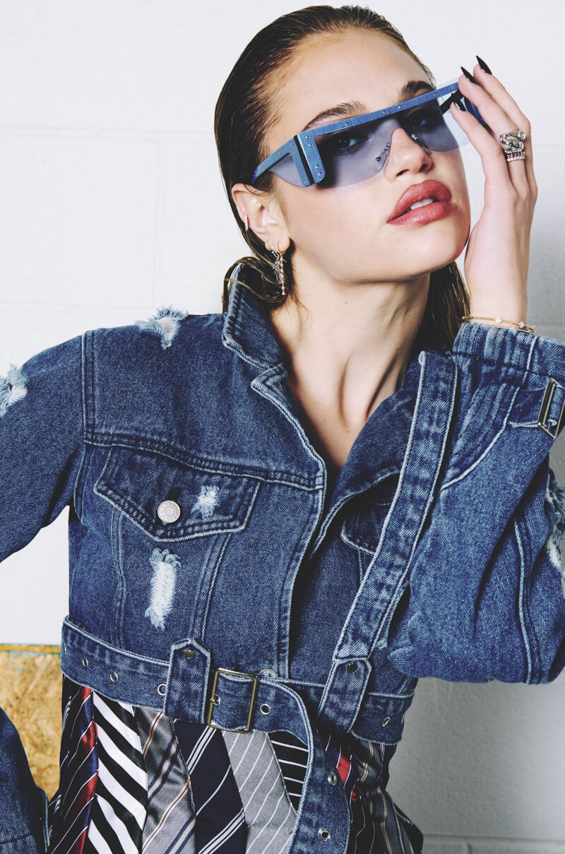 Extra View Stressed Out Cut Out Crop Denim Jacket