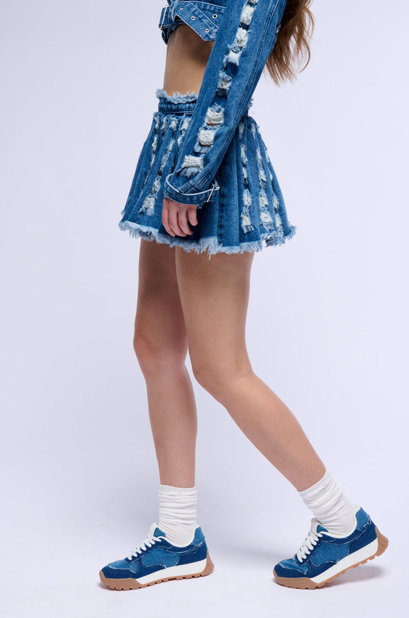 Side View Stressed Out Cut Out Pleated Denim Mini Skirt