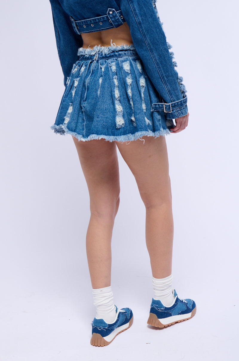 Back View Stressed Out Cut Out Pleated Denim Mini Skirt