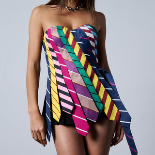 Front View Strictly Business Tie Detail Corset Top In Multi