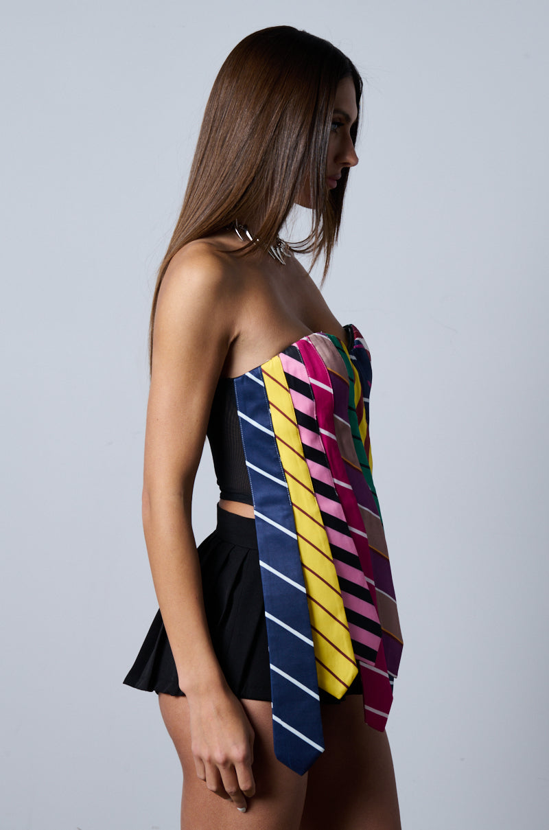 Full View Strictly Business Tie Detail Corset Top In Multi