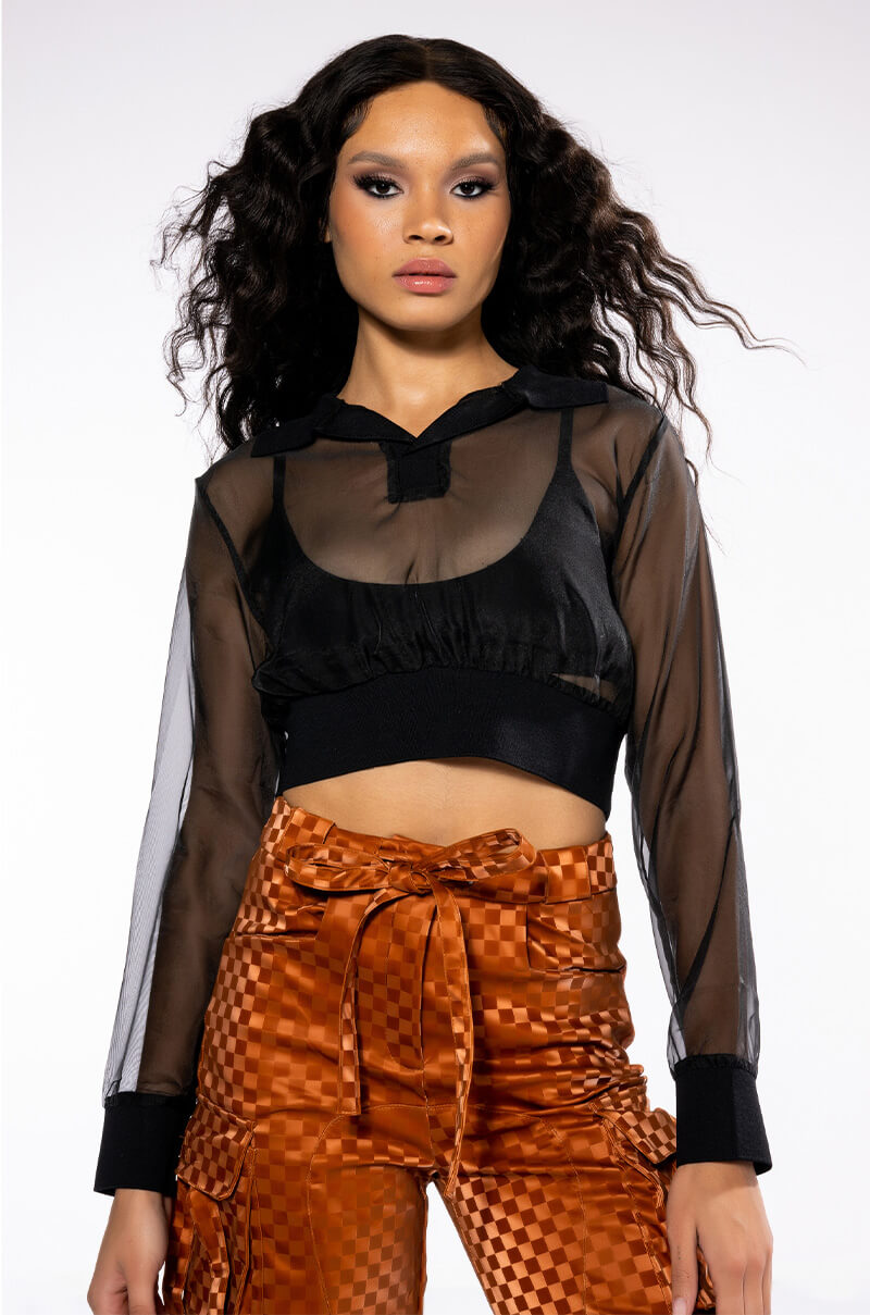Front View Strike Out Sheer Mesh Polo Top