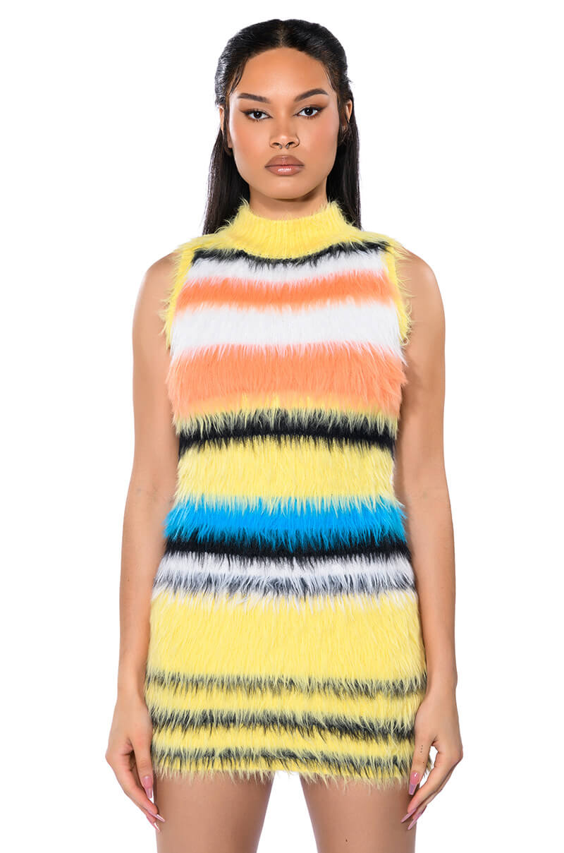 Front View Striped Fuzzy Sweater Dress