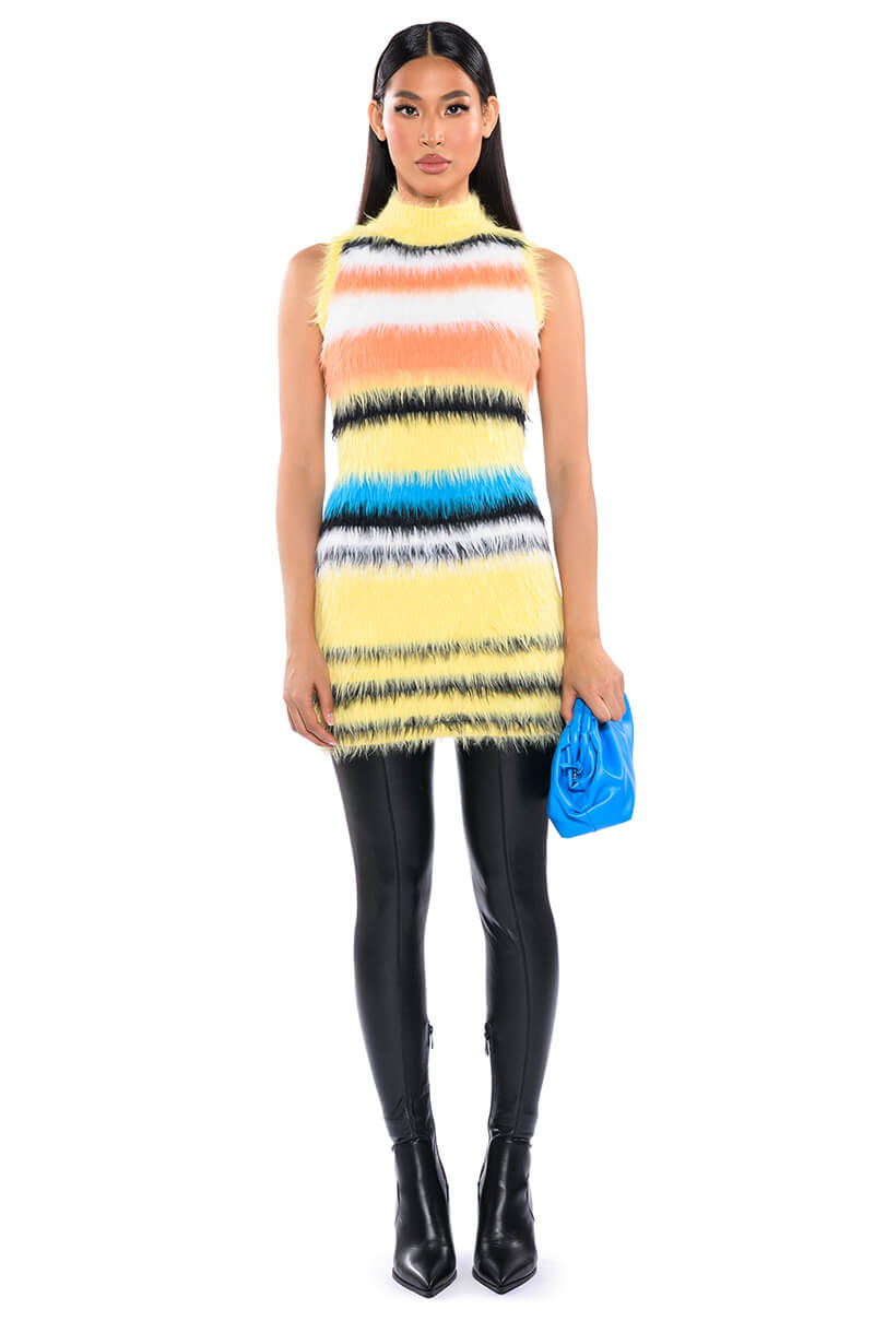 Back View Striped Fuzzy Sweater Dress