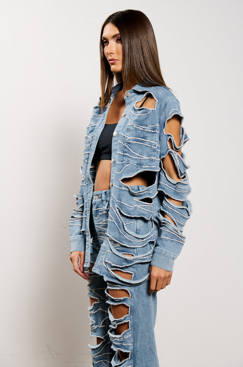 Back View Stripped Down Button Down Denim Shirt