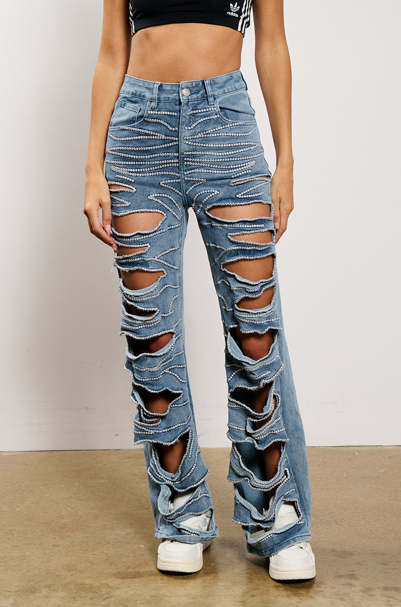 Front View Stripped Down Flare Leg Denim Pant
