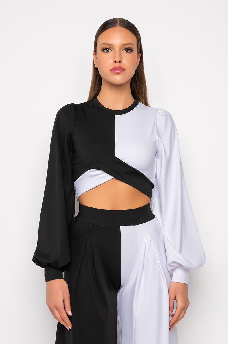 Back View Strut About Colorblock Cropped Blouse