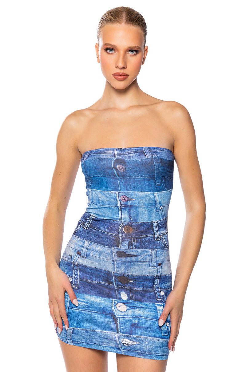 Front View Stunner Denim Look Mini Dress