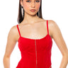 Front View Stylist Velvet Corset Top In Red