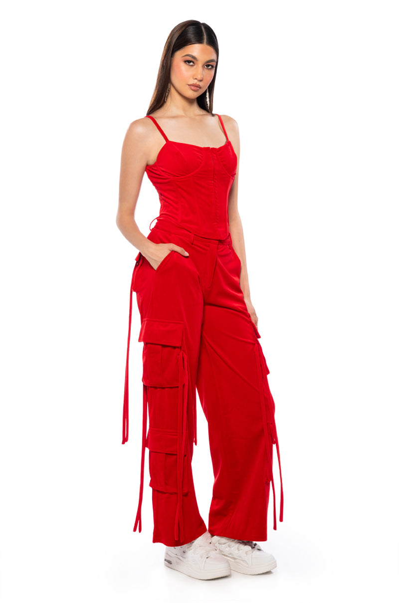Side View Stylist Velvet Corset Top In Red