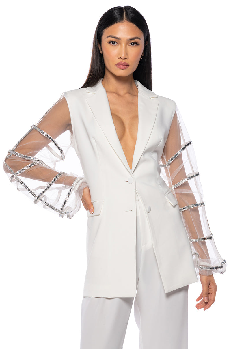 Front View Sugar And Spice Mesh Rhinestone Sleeve Blazer In White