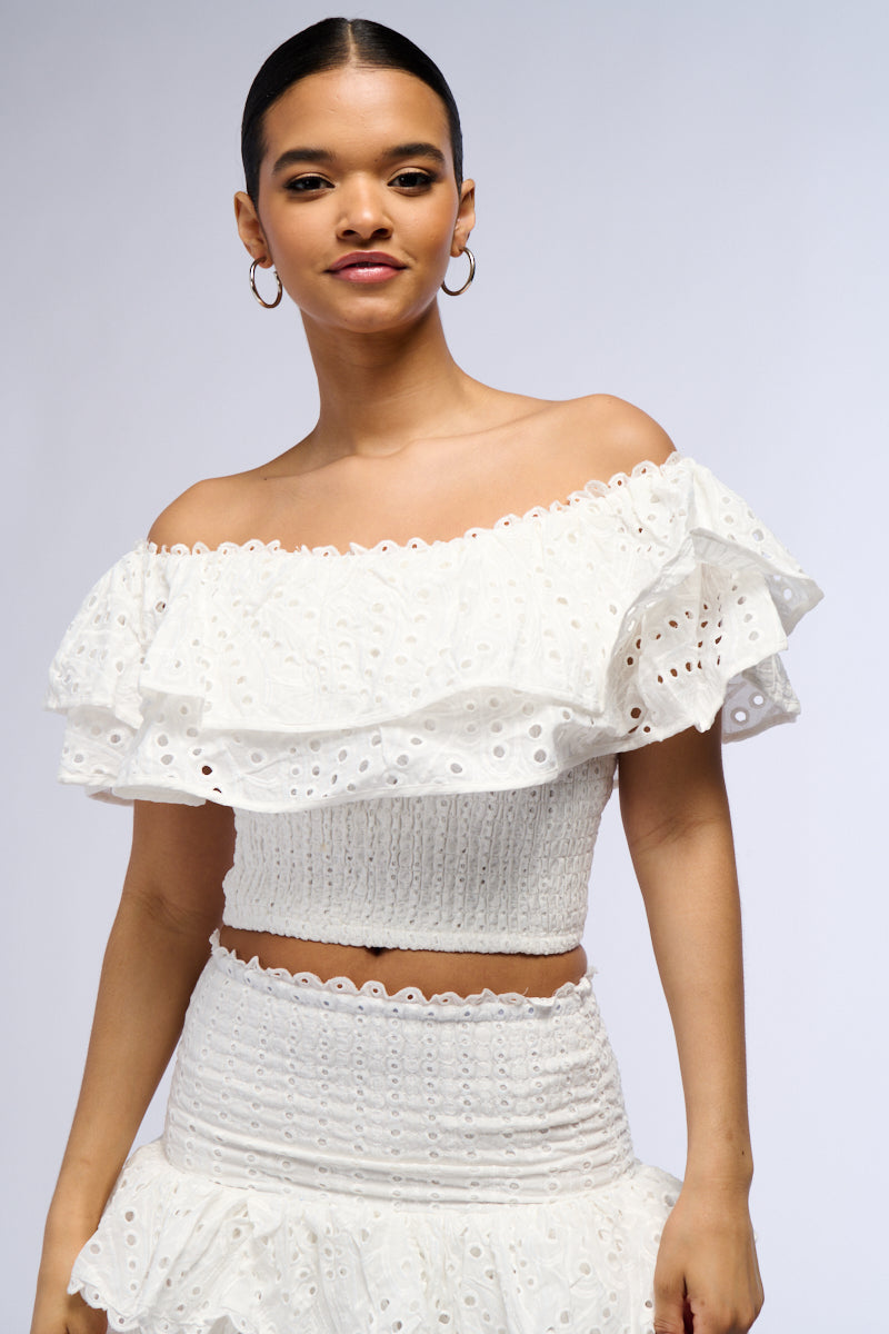 Front View Summer Loving Off The Shoulder Ruffle Blouse In White 0