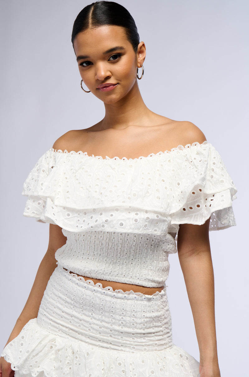 Side View Summer Loving Off The Shoulder Ruffle Blouse In White 1