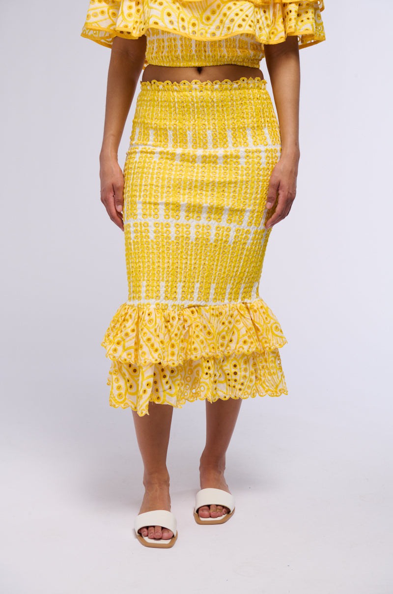 Front View Summer Loving Ruffle Textured Midi Skirt In Yellow