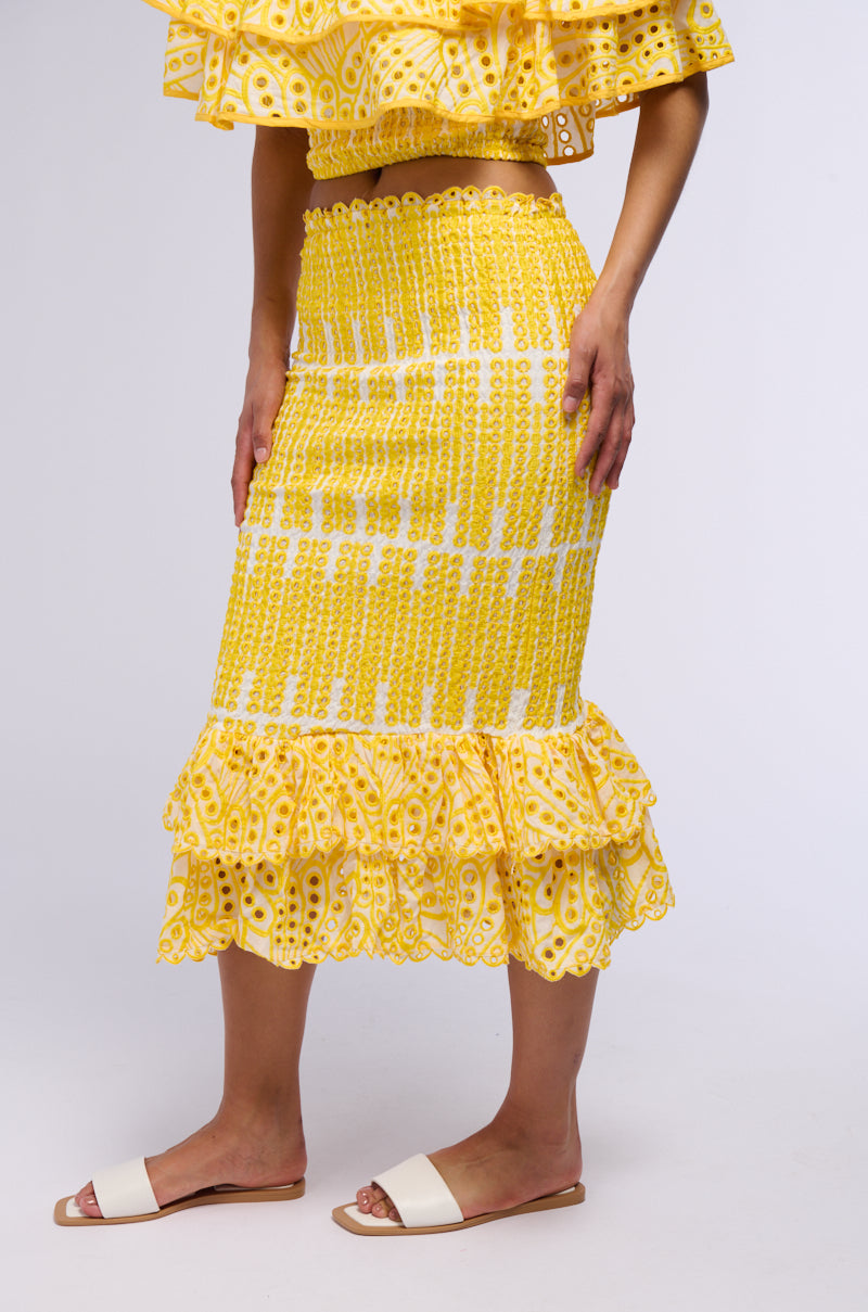 Side View Summer Loving Ruffle Textured Midi Skirt In Yellow