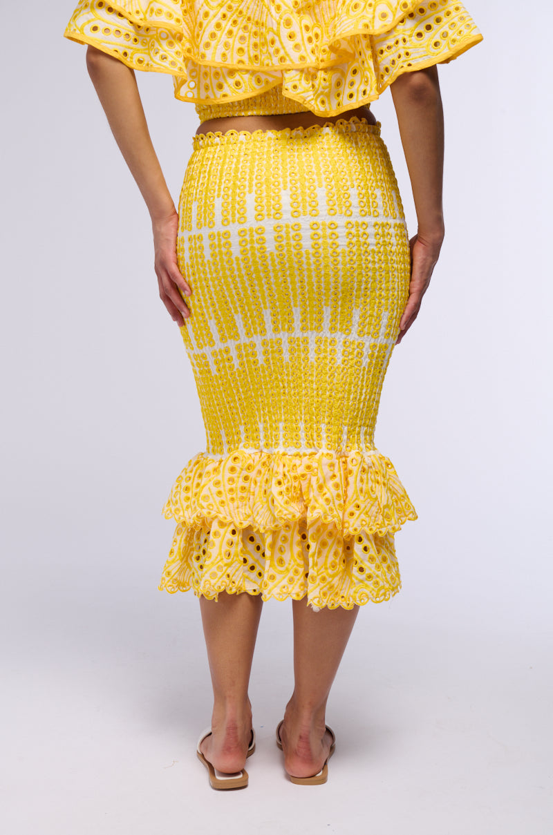Back View Summer Loving Ruffle Textured Midi Skirt In Yellow