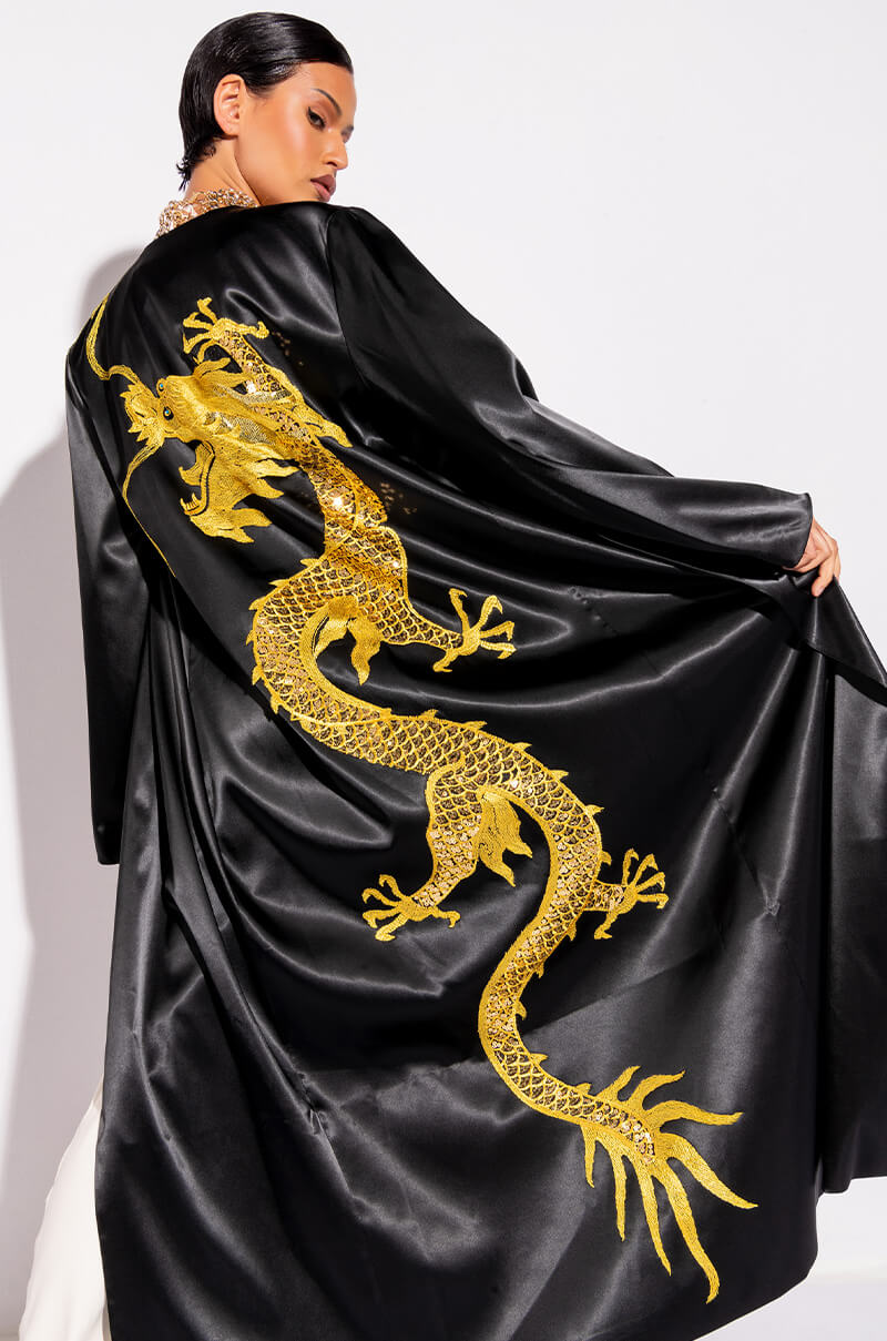 Front View Sumptuous Satin Duster With Embroidered Dragon 6