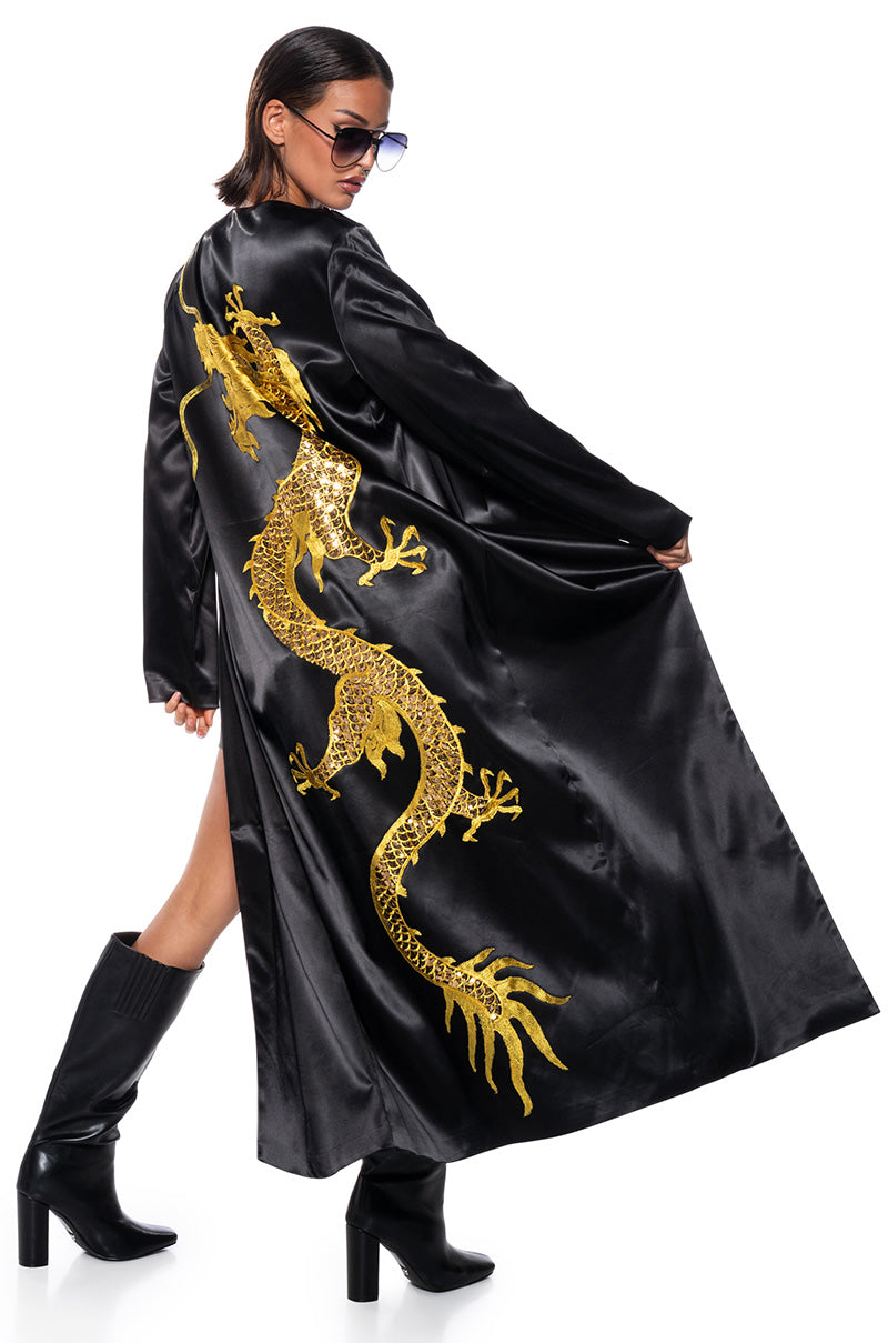 Front View Sumptuous Satin Duster With Embroidered Dragon 0