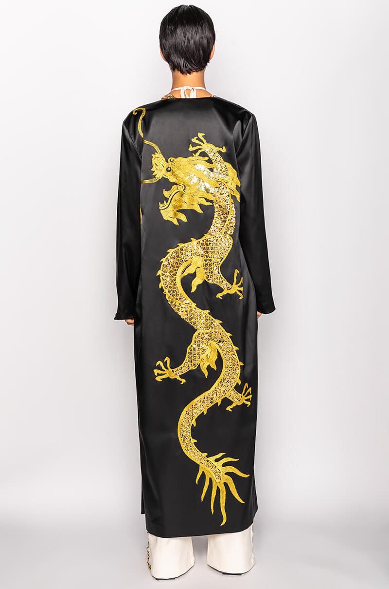 Full View Sumptuous Satin Duster With Embroidered Dragon 10