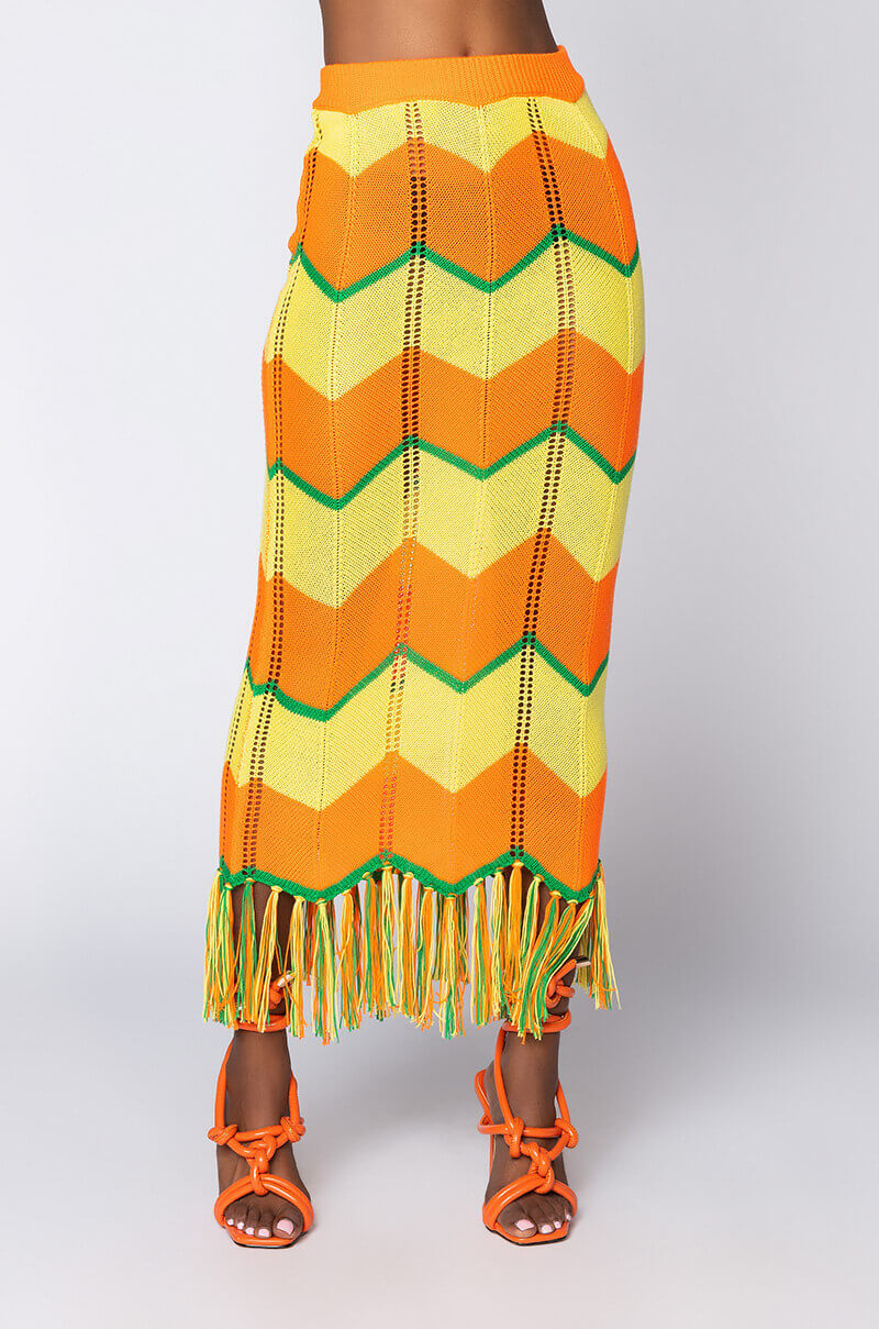 Front View Sun Kissed Knit Midi Skirt in Yellow Multi