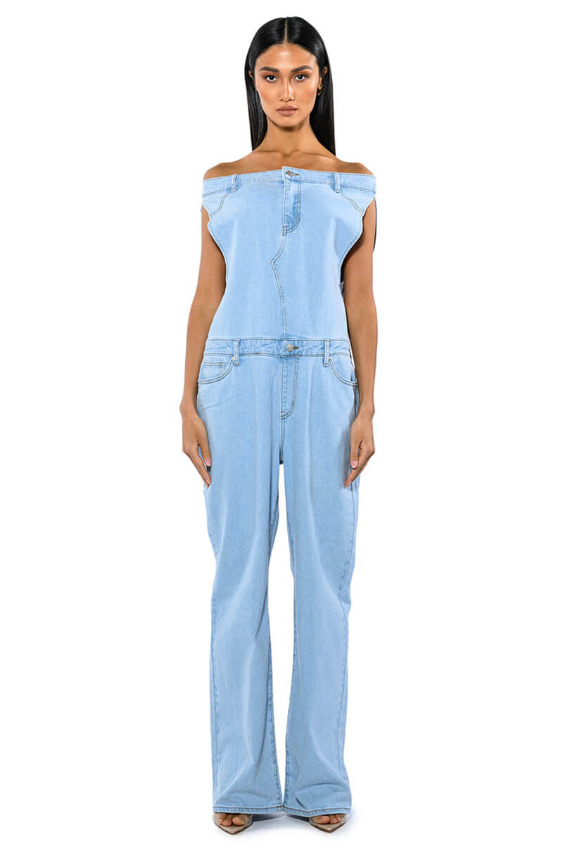 Front View Sunday Strollin Denim Jumpsuit