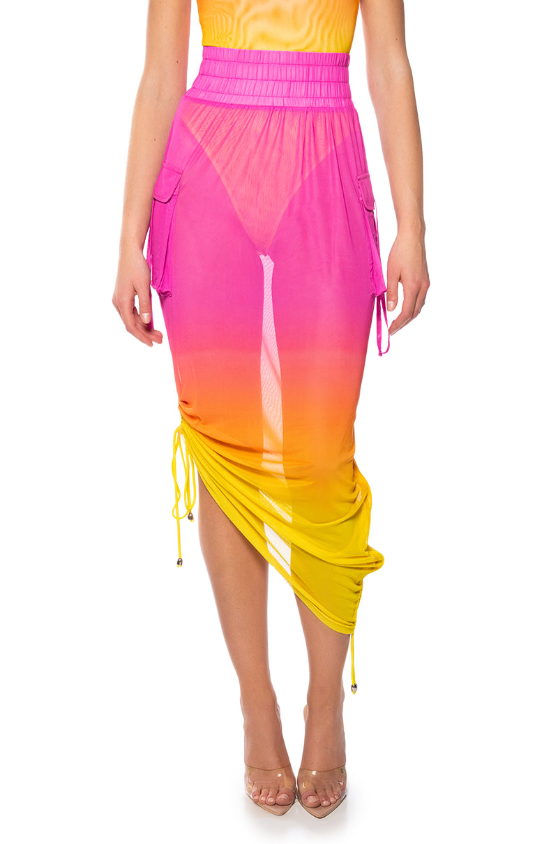 Front View Sunrise Ombre Mesh Adjustable Midi Skirt