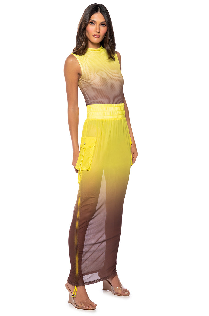 Back View Sunset Ombre Mesh Adjustable Midi Skirt