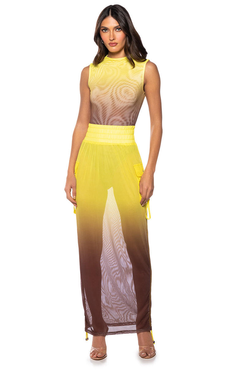 Detail View Sunset Ombre Mesh Adjustable Midi Skirt